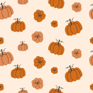 Güz hasat tarzında yumuşak bej bir arka planda çeşitli boyutlarda turuncu balkabakları çizilmiş kusursuz el deseni.