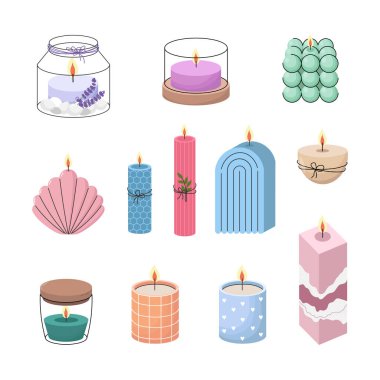 Beyaz arka planda baloncuk, kabuk, sütun, kavanoz ve geometrik tasarımlar gibi modern ve sanatsal şekillerde renkli mum koleksiyonu