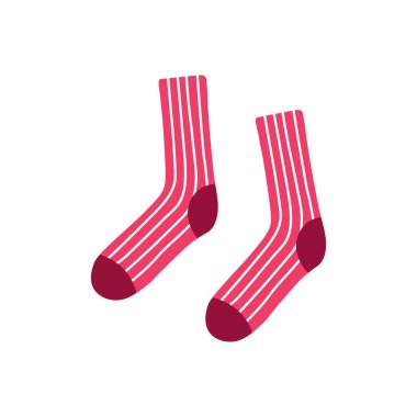 Beyaz dikey çizgili pembe uzun çoraplar ve kestane rengi parmaklar ve topuklar, beyaz arka planda düz vektör tarzı.