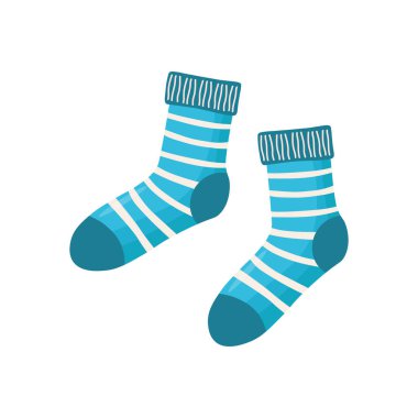 Beyaz yatay çizgili mavi çoraplar ve tırtıklı kelepçeler, beyaz arka planda düz stil.