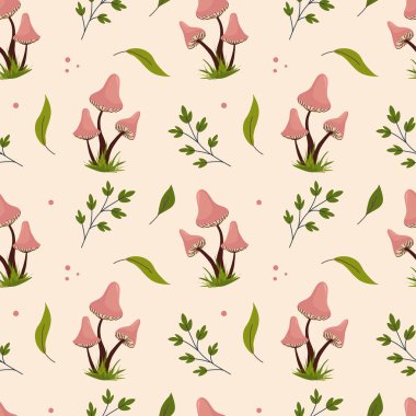 Kusursuz Pembe Mantar desenli Bej yapraklı