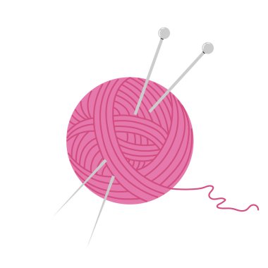 İki örgü iğnesi ve beyaz arka planda gevşek iplikle pembe iplik topunun düz tasarım çizimi