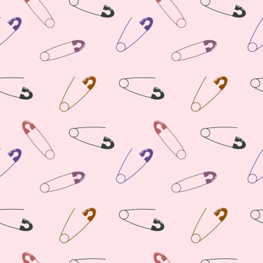 Yumuşak pembe arka planda çok renkli çengelli iğnelerin kusursuz deseni. Çapraz düzende açık ve kapalı tasarımların karışımı.