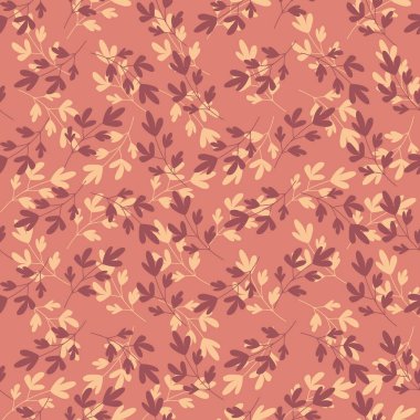 Terasotta arka planında üst üste kestane rengi ve bej yaprakları olan kusursuz sonbahar yaprakları. Sonbahar tekstil ürünleri, ambalaj ve mevsimlik tasarımlar için mükemmel..