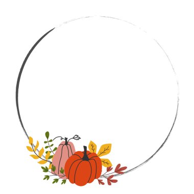 Yuvarlak sonbahar çerçevesi, el çizimi balkabakları ve sonbahar yaprakları ılık mevsimlik renklerde.