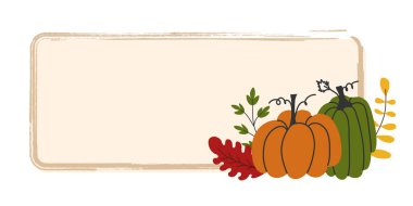 Turuncu ve yeşil balkabaklarıyla yatay sonbahar etiketi ve elde çizilmiş renkli sonbahar yaprakları