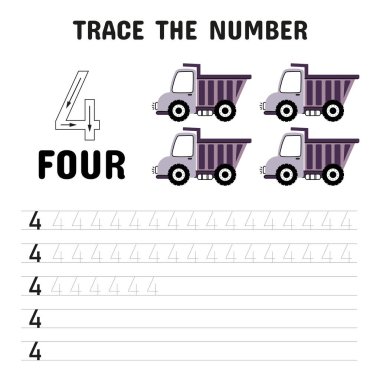 Dört adet mor damperli kamyonun yer aldığı 4 numaralı çalışma kâğıdı, çocukların sayma ve el yazısı becerilerini geliştirmeleri için tasarlandı..