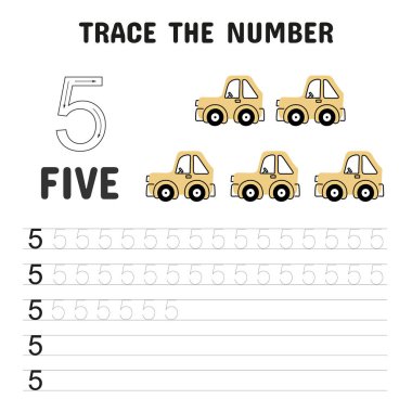 Erken sayım ve el yazısı becerilerini görsel alıştırma yoluyla geliştirmek için tasarlanmış beş sarı arabalı genç öğrencilerin 5 numaralı izleme çizelgesi..