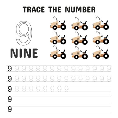 Dokuz bej traktörün yer aldığı 9 numaralı izleme çizelgesi, çocukların sayma, sayı tanıma ve el yazısı becerilerini geliştirmelerine yardımcı olmak için tasarlandı..