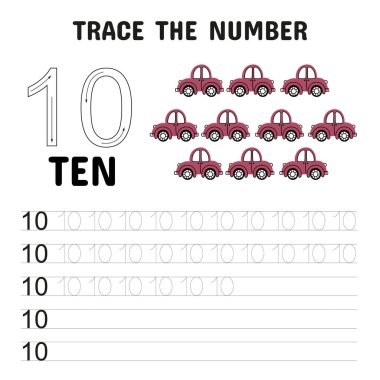 On kırmızı arabası olan çocuklar için 10 numaralı izleme çalışma listesi, genç öğrencilere sayma, sayı sayma ve erken matematik becerileri konusunda yardımcı olmak için mükemmel.