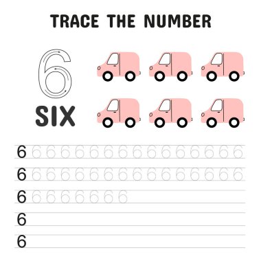 Erken sayım ve el yazısı gelişimini eğlenceli ve çekici bir şekilde desteklemek için tasarlanmış altı pembe minibüsü olan çocuklar için 6 numaralı izleme çalışma tablosu..