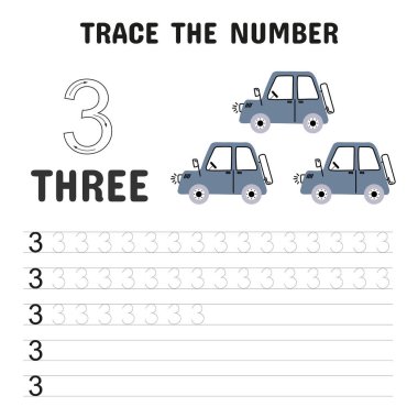 Erken sayım becerilerini ve el yazısını eğlenceli ve çekici bir şekilde geliştirmek için tasarlanmış üç küçük arabalı çocuklar için üç numaralı izleme çalışma tablosu..