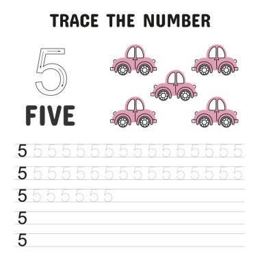 5 ve 5 numaralı pembe arabaları içeren numara izleme çizelgesi. Çocuklara numara yazma ve nesneleri görsel ve eğlenceli bir şekilde sayma konusunda yardım etmek için mükemmel..
