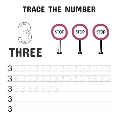 İlk yazma ve sayma becerilerini göz alıcı bir şekilde geliştirmek için tasarlanmış 3 ve 3 numaralı dur işaretlerini gösteren çocuklar için eğlenceli numara izleme çalışma tablosu.