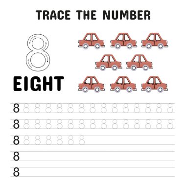 Sekiz kırmızı arabanın yer aldığı 8 numaranın eğlenceli izleme çizelgesi. Genç öğrencilerin araç temalı görseller aracılığıyla sayı yazma ve sayma becerilerini geliştirmelerine yardımcı olur.