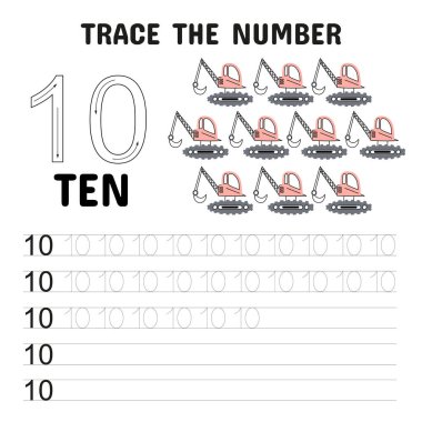 Eğitimsel numara takip çalışma çizelgesinde 10 numara ve 10 pembe kazıcı var. Çocukların saymayı öğrenmesine ve el yazısını geliştirmesine yardımcı olur.