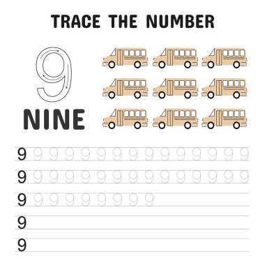 9 ve 9 numaralı bej okul otobüslerinin yer aldığı çocukların kayıt defteri. Erken ögrencilerde sayma ve el yazisi gelişimini destekler.