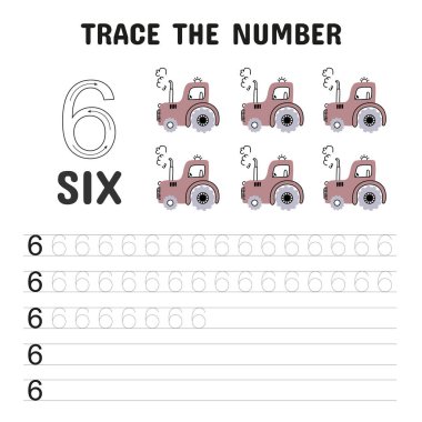 6 numaralı ve 6 numaralı pembe traktörlü numara izleme çizelgesi. Çocukların araç temalı görseller aracılığıyla numara yazmayı ve saymayı öğrenmeleri için oyuncu, çekici bir kaynak.