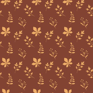 Koyu kahverengi arka planda altın yaprakları olan kusursuz sonbahar yaprakları. Zarif mevsimsel tasarım ambalaj kağıdı, kumaş veya kırtasiye için mükemmeldir..