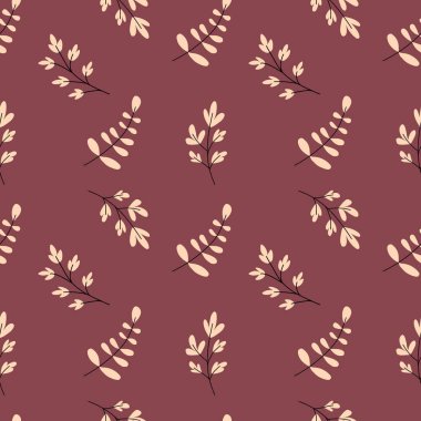 Bej botanik dalları ve soluk bordo arka planda yapraklar içeren kusursuz desenler. Sonbahar tekstil, ambalaj, duvar kağıdı ve mevsimlik tasarım projeleri için mükemmel..