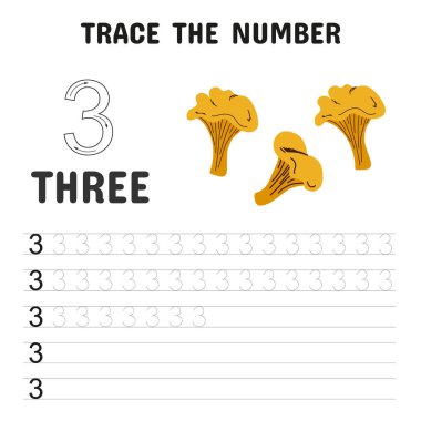 Üç numaralı örnek mantar ve el yazısı alıştırması çizgileri olan anaokulu öğrencileri için çalışma tablosu.