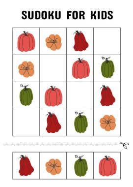 Balkabağı Sudoku 'lu Çocuklar için Eğitici Sonbahar Aktivitesi. Anaokulu ve anaokulu için Şirin Sebze Sudoku Çalışma Kağıdı