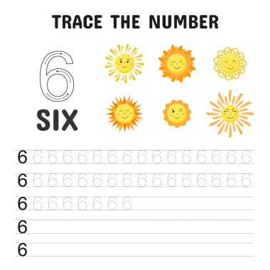 Çocukların neşeli güneş resimleriyle 6 numaranın izini sürmeleri ve öğrenmeleri için sevimli bir eğitim programı. Anaokulu ve anaokulu uygulaması için mükemmel..