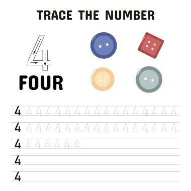 Dört renkli düğme çizimleri ve el yazısı pratiği olan çocuklar için 4 numaralı izleme çalışma tablosu