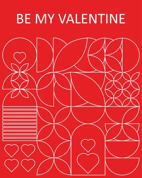 Modern Sevgililer Günü kartı, minimalist geometrik şekiller, kalpler ve çiçek elementleri sanat tarzında. Temiz beyaz desenli zarif bir bordo arka plan.. 