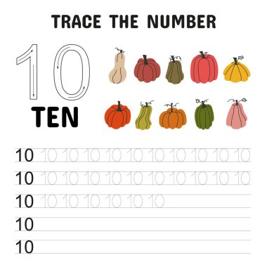 10 numarayı takip etmek ve öğrenmek için eğitim programı. Rehberli izleme, yazma alıştırması ve saymak için on renkli balkabağı içerir.