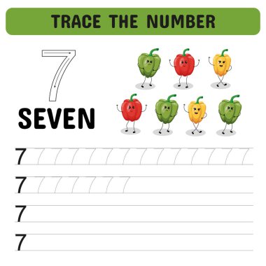 Bell Peppers 'la birlikte 7 numaralı izleme çizelgesi. Sınıfta ya da evde harika bir erken matematik aktivitesi..