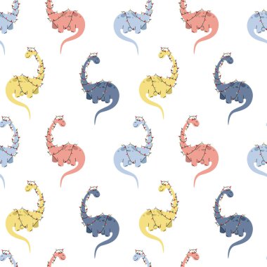 Colorful Dinosaur Christmas Seamless Pattern with Lights