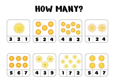 Neşeli güneş çizimleri ve anaokulu ve anaokulu matematik pratiği için sayı seçeneklerinin yer aldığı eğitim sayım çalışma tablosu