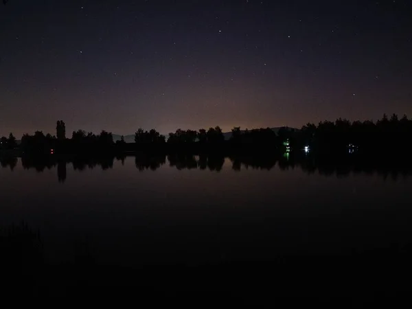 Gece Ormanlarında Göl Yıldızlı Gökyüzünün Altında — Stok fotoğraf