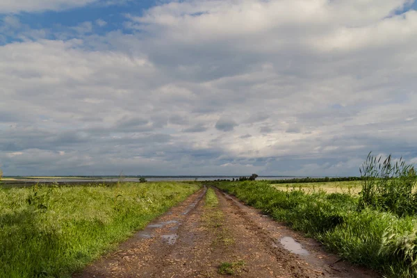 stock image Rural path in field landscape photo. Beautiful nature scenery photography with waterside on background. Idyllic scene. High quality picture for wallpaper, travel blog, magazine, article