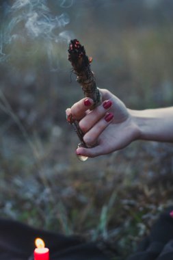 Leke boyama konsepti fotoğrafını kapat. Sihirli ayin temizliği. Arka planda kadın eli olan yan görüntü fotoğrafçılığı. Duvar kağıdı, seyahat günlüğü, dergi, makale için yüksek kaliteli resim