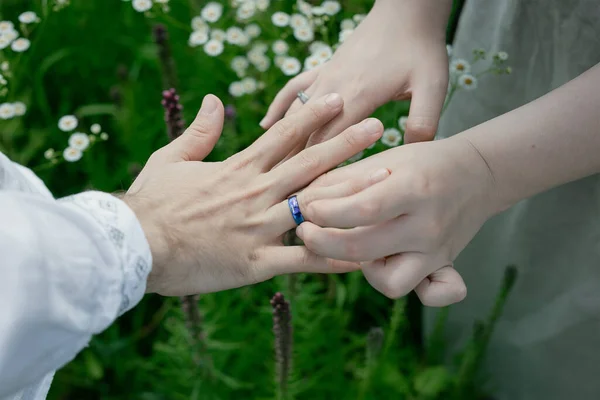 stock image Close up marriage ritual concept photo. Wear ring. Spouses. Side view photography with blooming meadow on background. High quality picture for wallpaper, travel blog, magazine, article