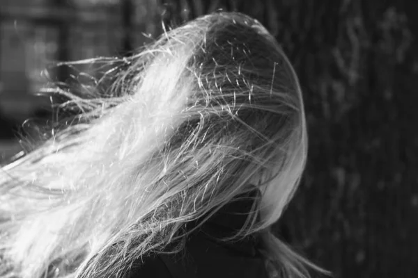 stock image Close up flying blond hair monochrome concept photo. Attractive woman. Side view photography with beautiful hairstyle on background. High quality picture for wallpaper, travel blog, magazine, article