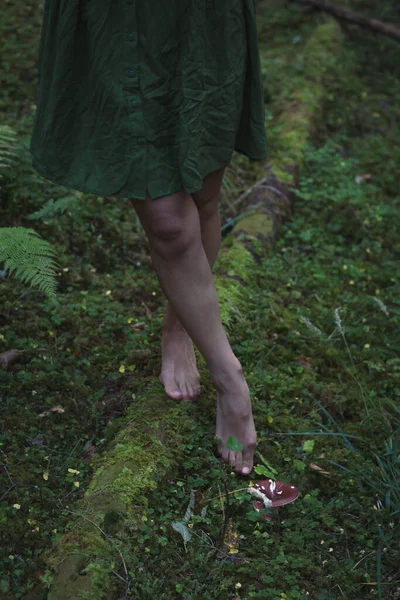 Orman Konsepti Fotoğrafında Yakın Plan Kadın Pozu Ayakkabısız Kadın Arka — Stok fotoğraf