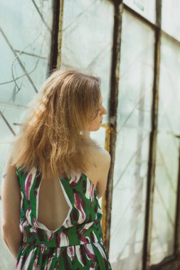 Arkadan güzel bir bayan pencerenin önünde manzara fotoğrafçılığı yapıyor. Arka planda terk edilmiş serası olan bir kadın resmi. Yüksek kalite duvar kağıdı. Reklamlar için fotoğraf konsepti, seyahat blogu, dergi, makale