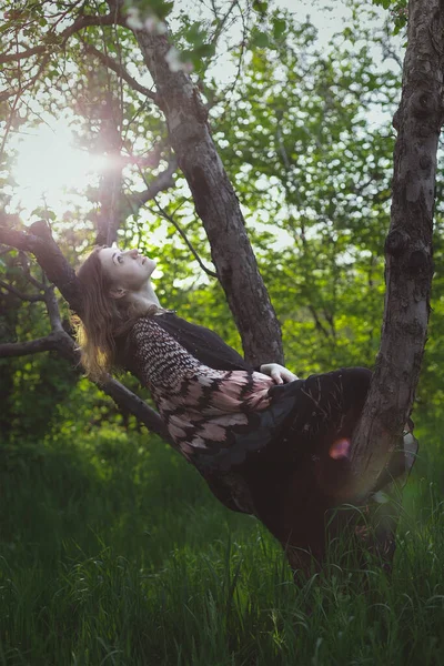 ショールの女性の木の幹の風光明媚な写真に横たわってラップ 背景に自然の風景と写真 高品質の壁紙 旅行ブログ 記事のための写真のコンセプト — ストック写真