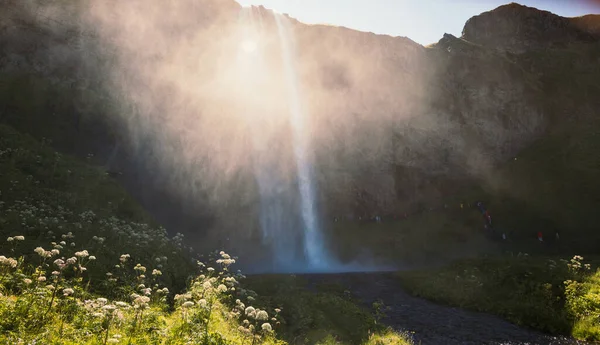 Slavný Seljalandsfoss Vodopád Krajina Foto Krásná Příroda Scenérie Fotografie Útesy — Stock fotografie