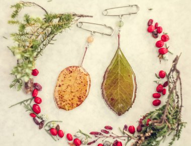 Epoksi reçine konsept fotoğrafında yapraklı broşları kapat. Arka planda ışık görüntüsü olan üst görüntü fotoğrafçılığı. Duvar kağıdı, seyahat günlüğü, dergi, makale için yüksek kaliteli resim