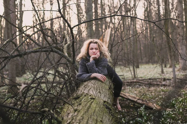 ブロンドの女性の大きな倒木の風光明媚な写真に座っている 背景に野生の木を持つ人の写真 高品質の壁紙 旅行ブログ 記事のための写真のコンセプト — ストック写真
