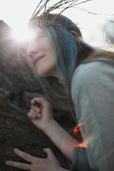 Close Celtic Styled Delighted Woman Face Bright Sunlight Portrait Picture — Foto de Stock