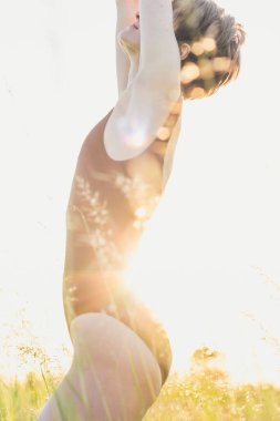 Slim female model in field grass scenic photography. Picture of person with bright sunlight on background. High quality wallpaper. Photo concept for ads, travel blog, magazine, article