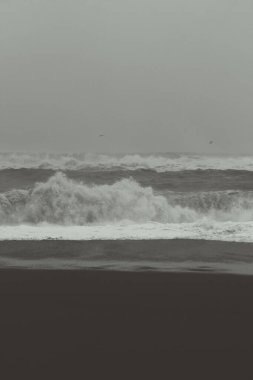 Empty beach at storm monochrome landscape photo. Beautiful nature scenery photography with grey sky on background. Idyllic scene. High quality picture for wallpaper, travel blog, magazine, article