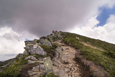 Excited climbers on mountain top scenic photography. Picture of travelers with cloudscape on background. High quality wallpaper. Ambient light. Photo concept for ads, travel blog, magazine, article