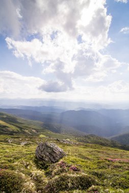 Sunlight falling on mountain hill landscape photo. Beautiful nature scenery photography with ridges on background. Ambient light. High quality picture for wallpaper, travel blog, magazine, article
