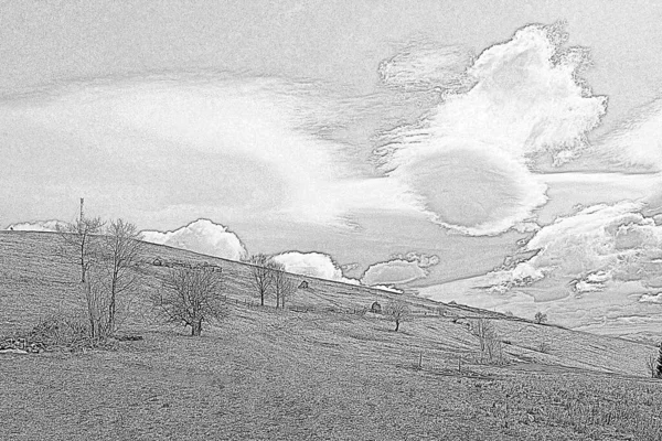 Antigua Granja Pendiente Pronunciada Grabado Boceto Dibujado Mano Nubes Suaves — Foto de Stock